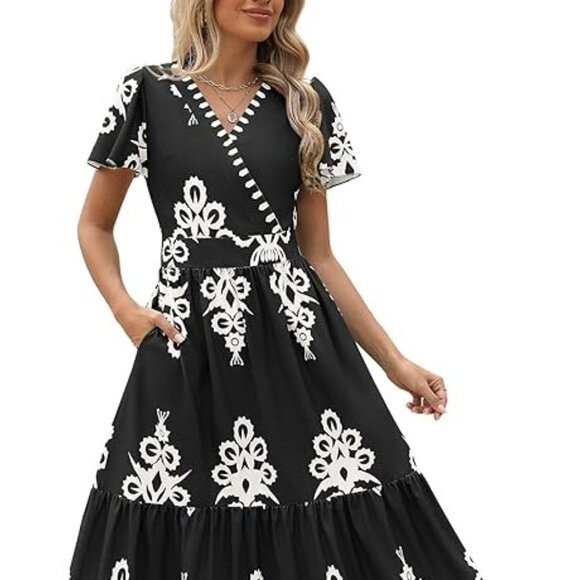 Dresses & Skirts - Women's Summer Boho Maxi Dress V-Neck Floral Flowy A-Line Pockets